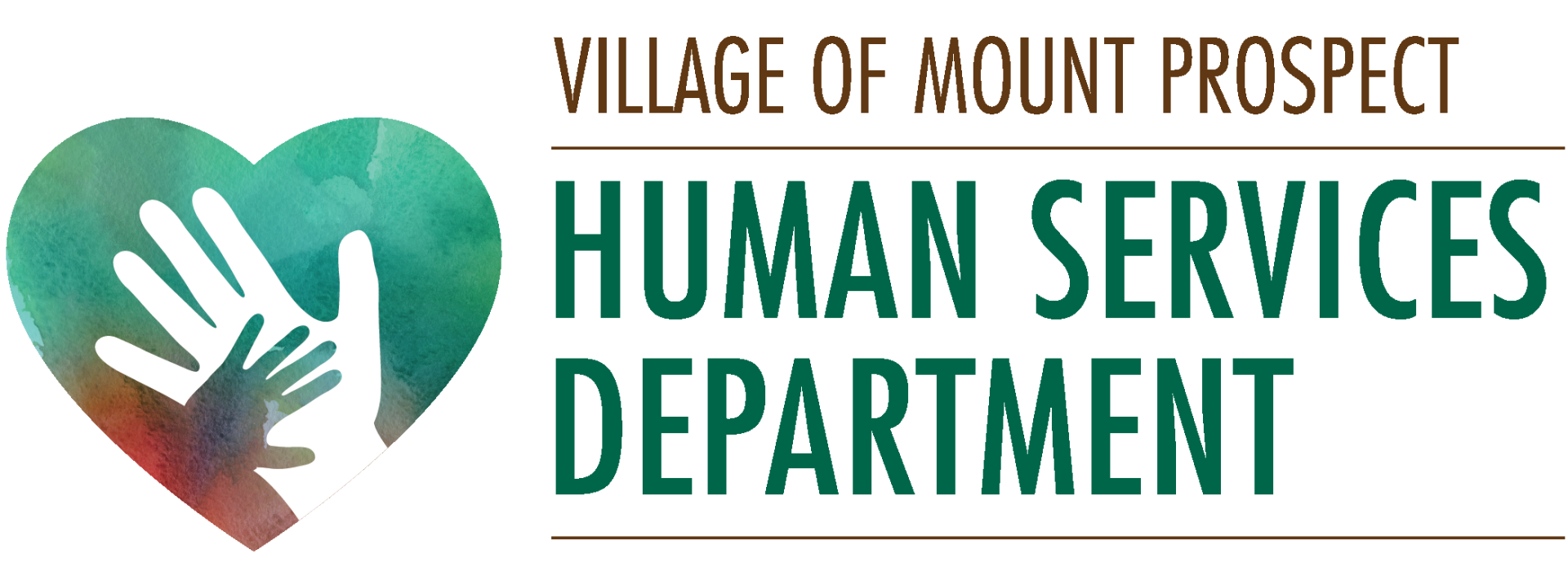 Village fo Mount Prospect Human Services Department Logo with a green heart and two hands overlapping 