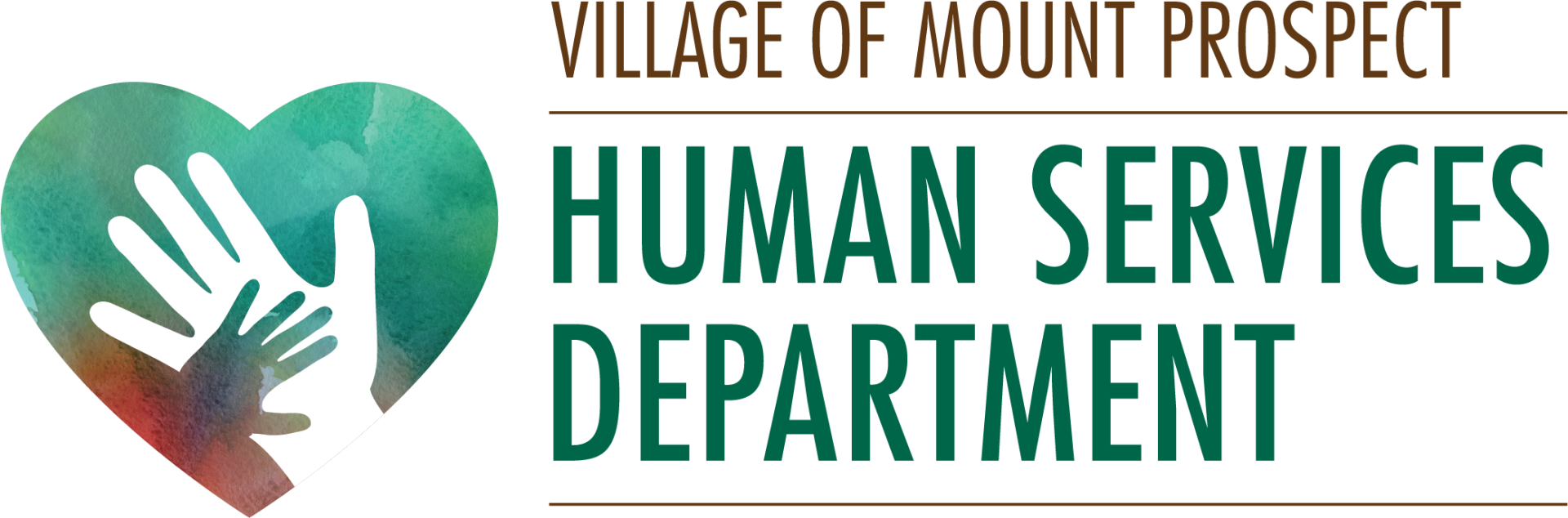 Village fo Mount Prospect Human Services Department Logo with a green heart and two hands overlapping 