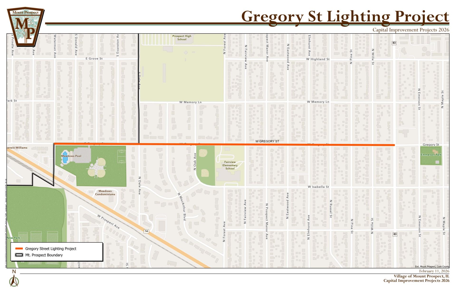 Map of the Gregory Street Lighting Project area, highlighting proposed street light installations along Gregory Street between Waterman Avenue and IL 83 (Main Street).