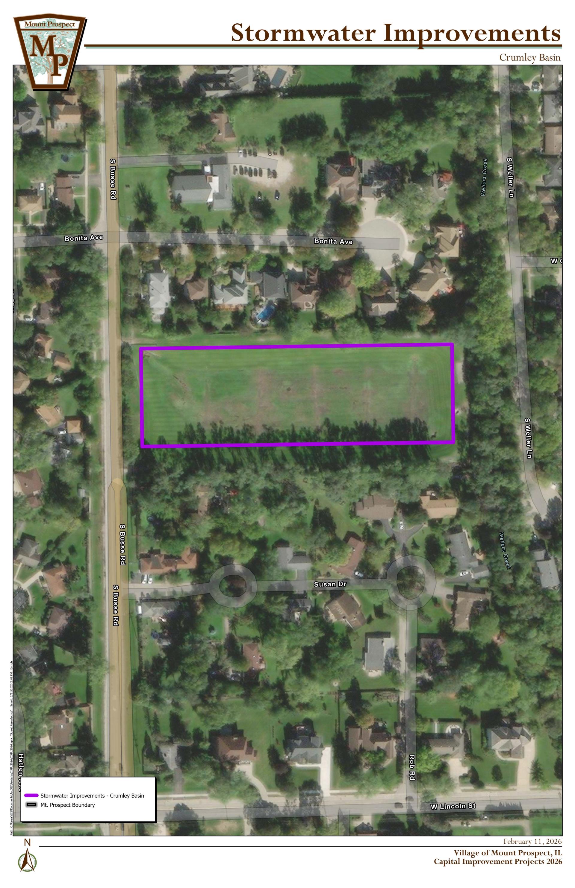 Aerial map showing the Crumley Detention Basin project area and surrounding residential streets.