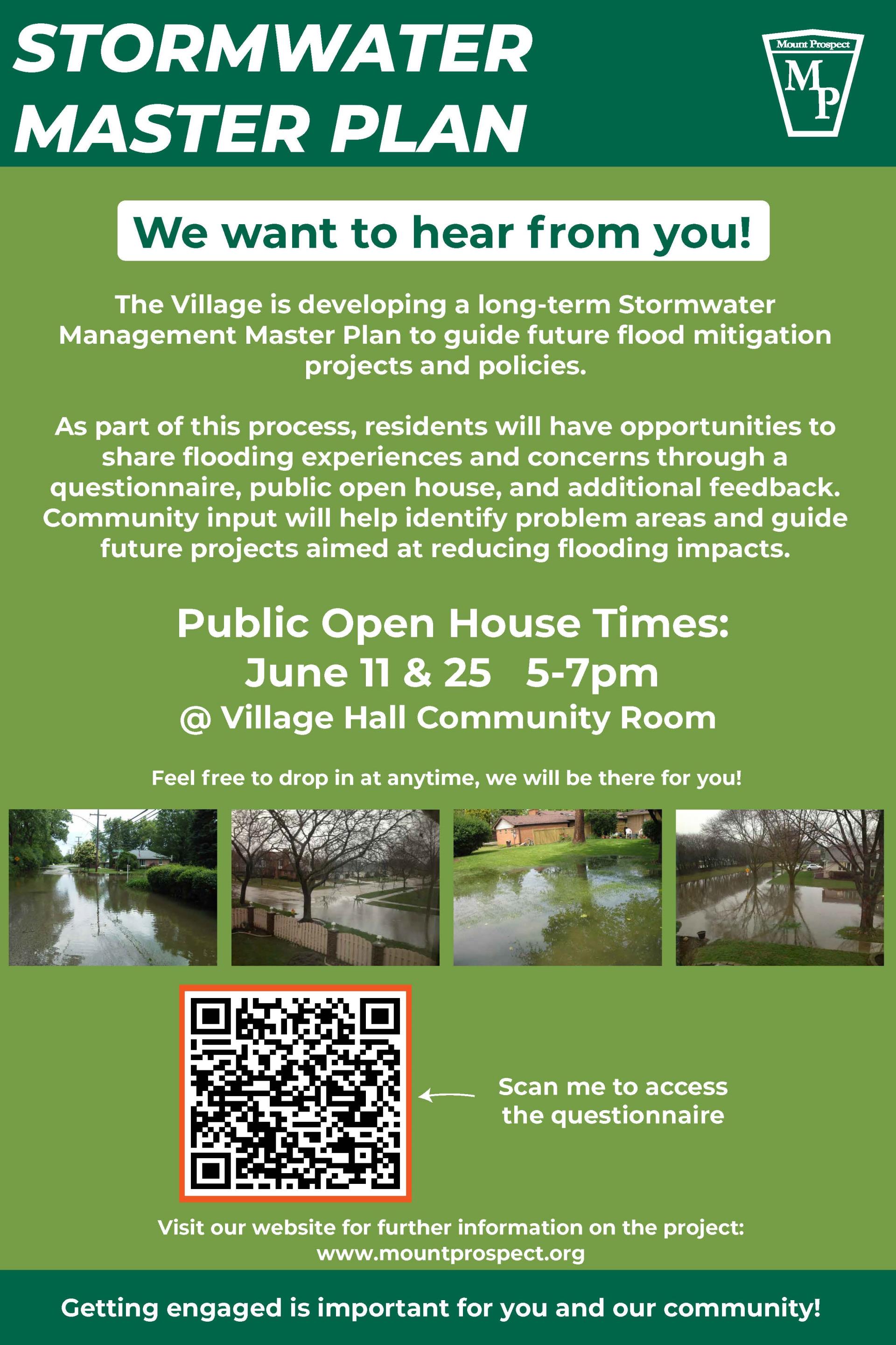 Flyer for the Village of Mount Prospect Stormwater Master Plan Public Open House, taking place on june 11 and June 25, including a QR code for more details.